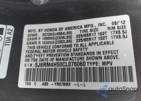 2012 Honda Cr-V Ex from USA, damaged, VIN 5J6RM4H50CL076060